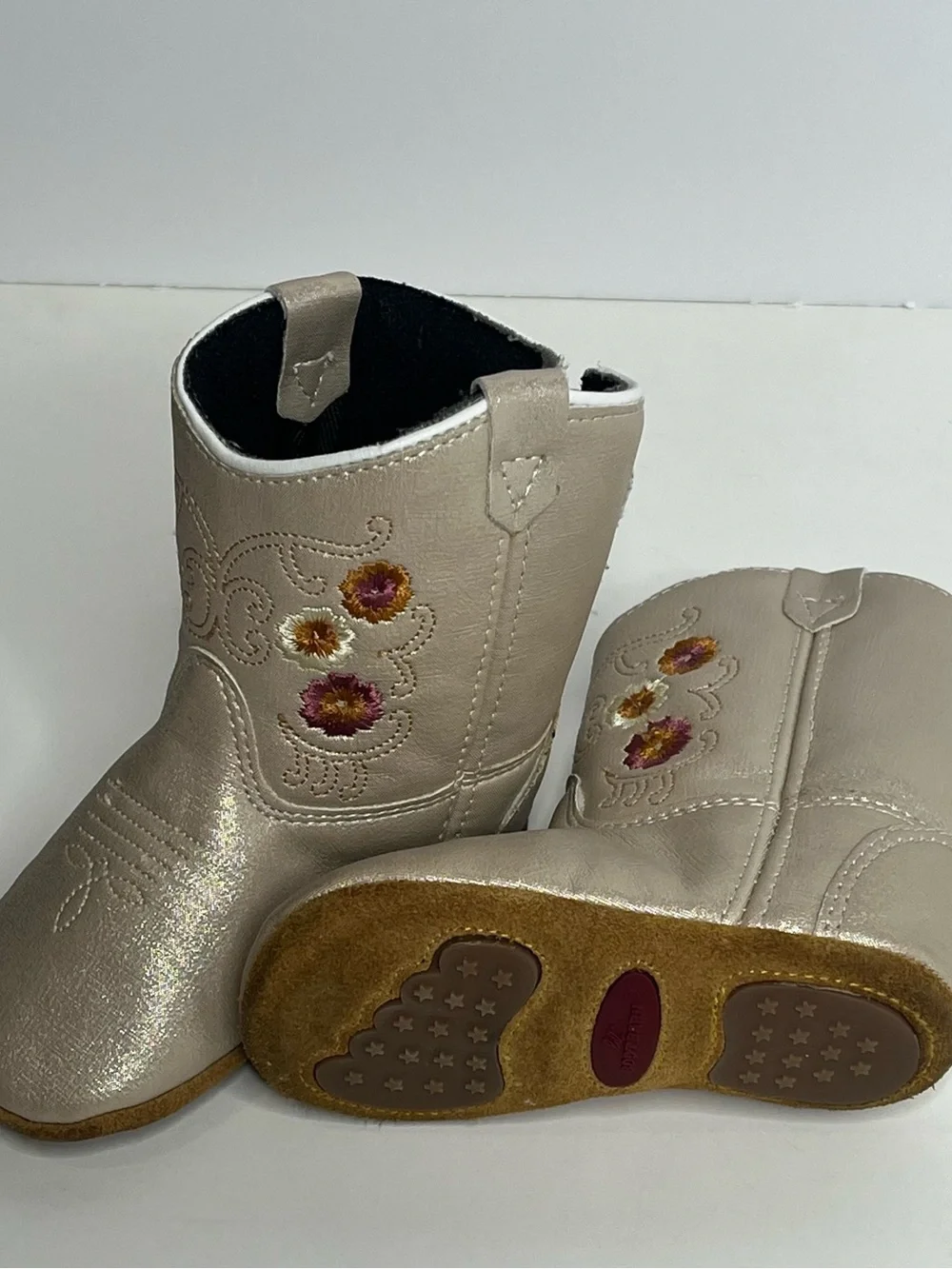 Lil Boot Barn Girls Metallic Cream Western Embroidered Boot Size 4